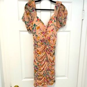 Guess Floral off the shoulder fitted pink mini dress size 14